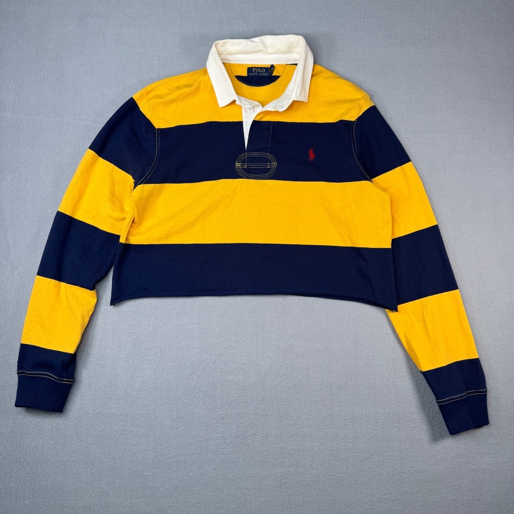 Polo Ralph Lauren Rugby Shirt Large Navy Yellow Cropped Streetwear Mens Raw Edge